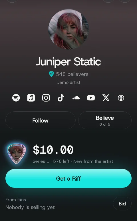 The Riffex app, an artist's page: a Riff at $10.00, Series 1, 576 left, and Get a Riff. Demo artists, invented for the preview.