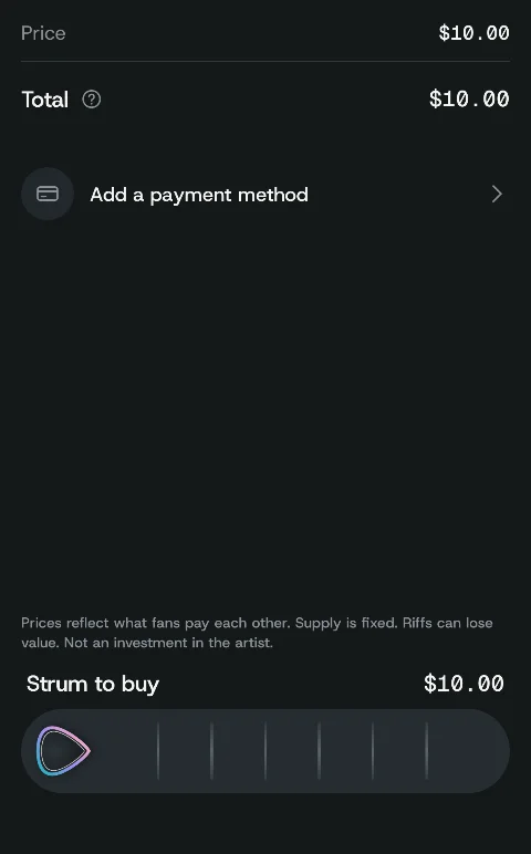 The Riffex app, buying a Riff from the artist: $10.00 all in, and Strum to buy. Demo artists, invented for the preview.