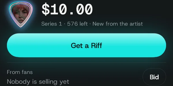 The Riffex app, an artist's page: Get a Riff at $10.00, and From fans with Bid. Demo artists, invented for the preview.