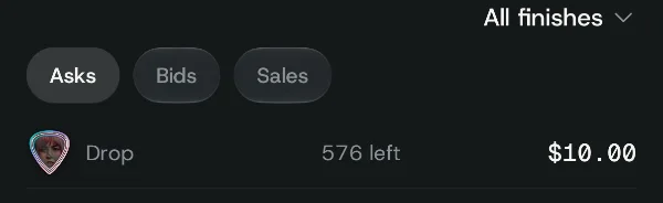 The Riffex app, a Riff's market: Asks, Bids and Sales, and the drop's own row, 576 left at $10.00. Demo artists, invented for the preview.