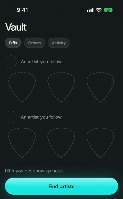 The Riffex app, the Vault: where the Riffs you get live, ready to trade. Demo artists, invented for the preview.